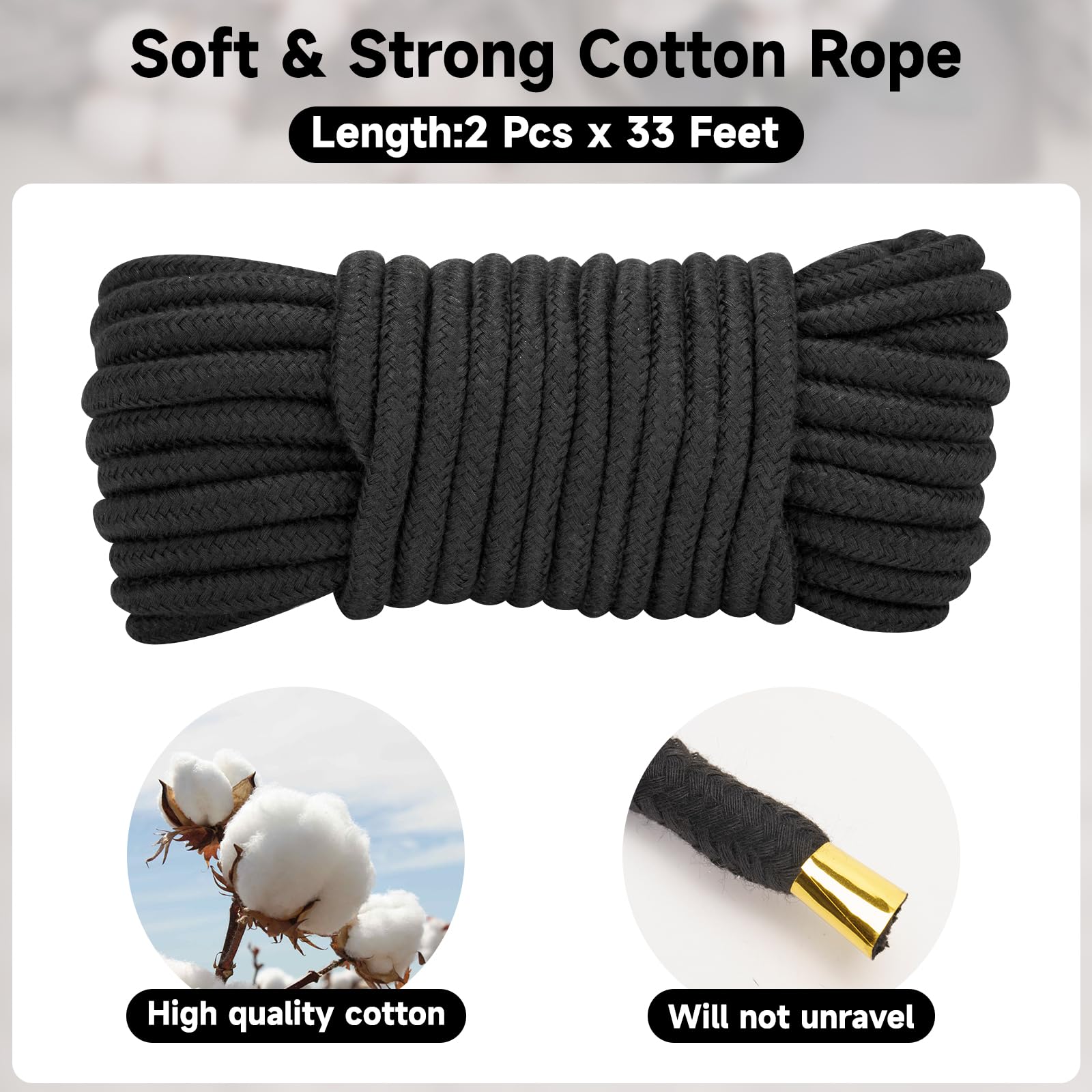 KINGLAKE 10MM Soft Cotton Rope 2 Pack 33Ft/10M Black Rope Thick Rope for Plant Hanging, Hanging Clothes, Crafts, Wrapping, Binding Luggage and Home Decoration - Image 4