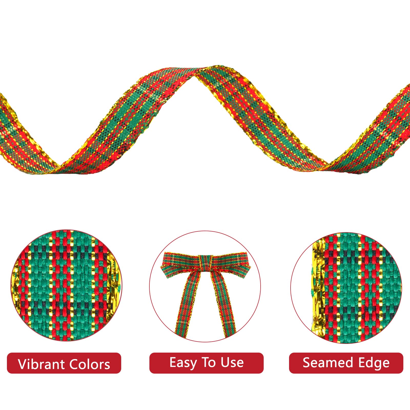 KINGLAKE Christmas Ribbon 3/8" Red and Green Plaid Checkered Ribbon 25 Yard Tartan Gold Thread Woven Edge Gingham Ribbon for Crafts, Gift Wrapping, Wreath, Christmas Tree and Home Decoration - Image 3