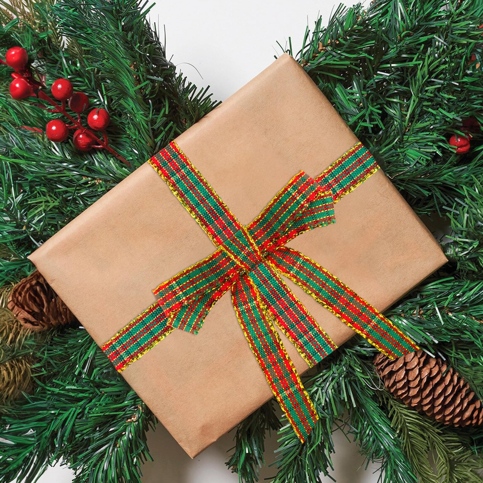 KINGLAKE Christmas Ribbon 3/8" Red and Green Plaid Checkered Ribbon 25 Yard Tartan Gold Thread Woven Edge Gingham Ribbon for Crafts, Gift Wrapping, Wreath, Christmas Tree and Home Decoration - Image 4