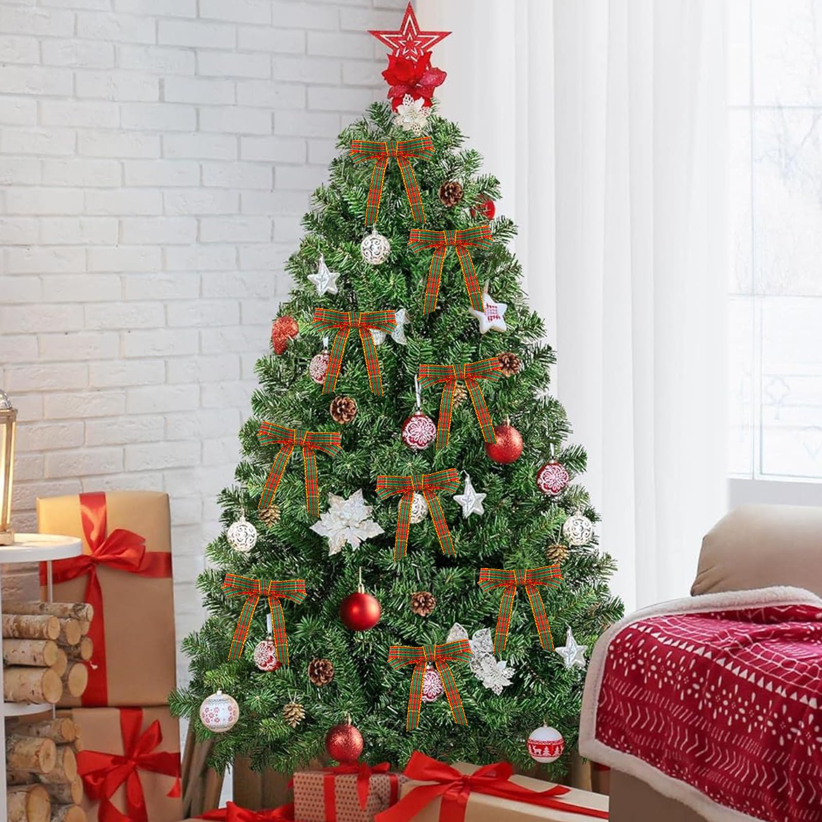 KINGLAKE Christmas Ribbon 3/8" Red and Green Plaid Checkered Ribbon 25 Yard Tartan Gold Thread Woven Edge Gingham Ribbon for Crafts, Gift Wrapping, Wreath, Christmas Tree and Home Decoration - Image 5