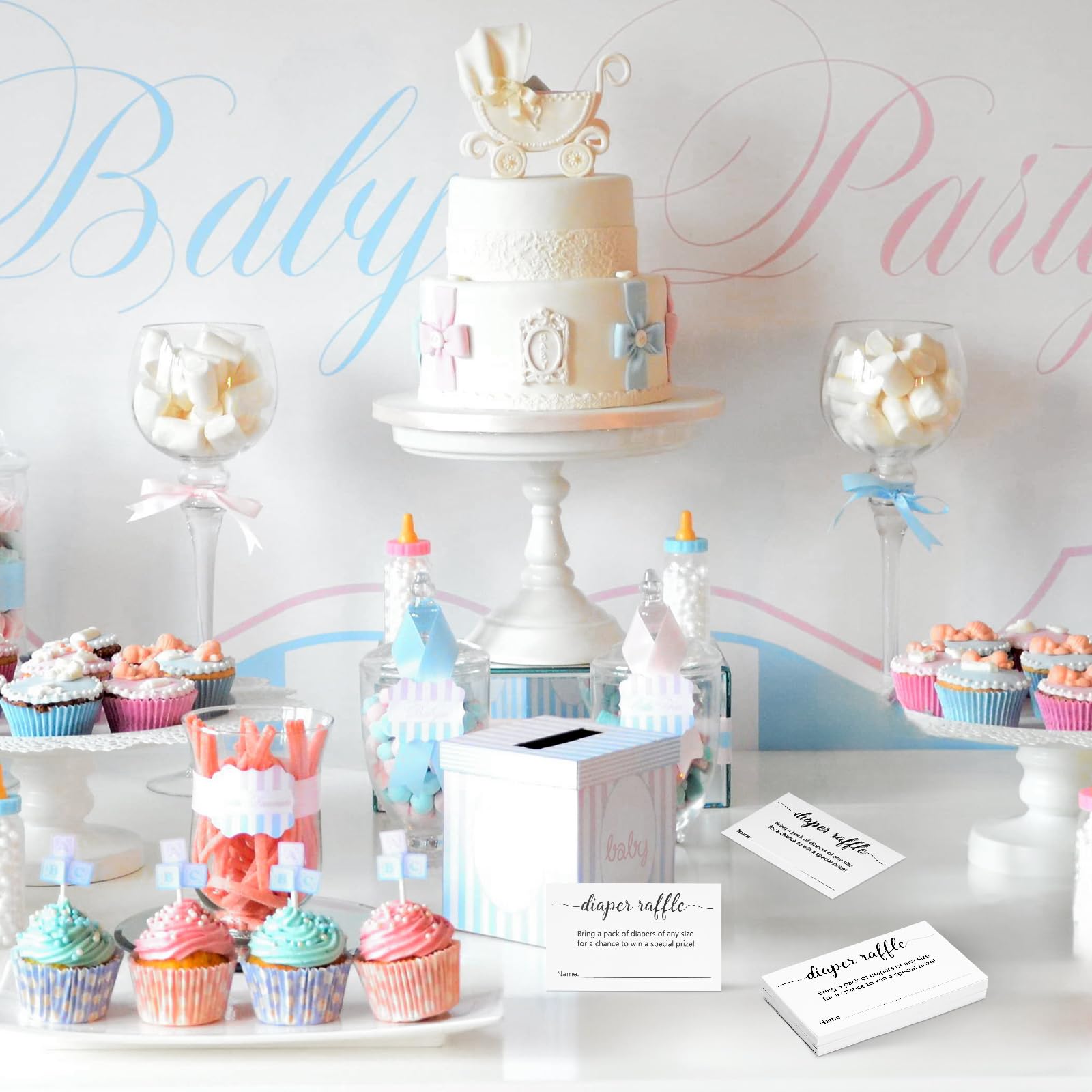 KINGLAKE Diaper Raffle Tickets, 3.5" x 2" Diaper Raffle Cards for Baby Shower, 50 Pcs White Diaper Raffle Invitations Inserts Card, Diaper Wipes Raffle Tickets With Name Line for Baby Shower - Image 5