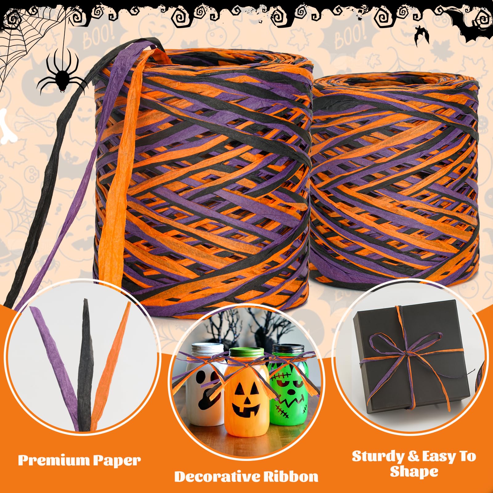 KINGLAKE Halloween Raffia Ribbon 525 Feet Orange Black Purple Raffia Ribbon Colored Raffia Paper Ribbon Gift Wrapping Raffia Ribbon Packing Paper Craft Ribbon for Crafts Gift Wrapping Halloween Decor - Image 3