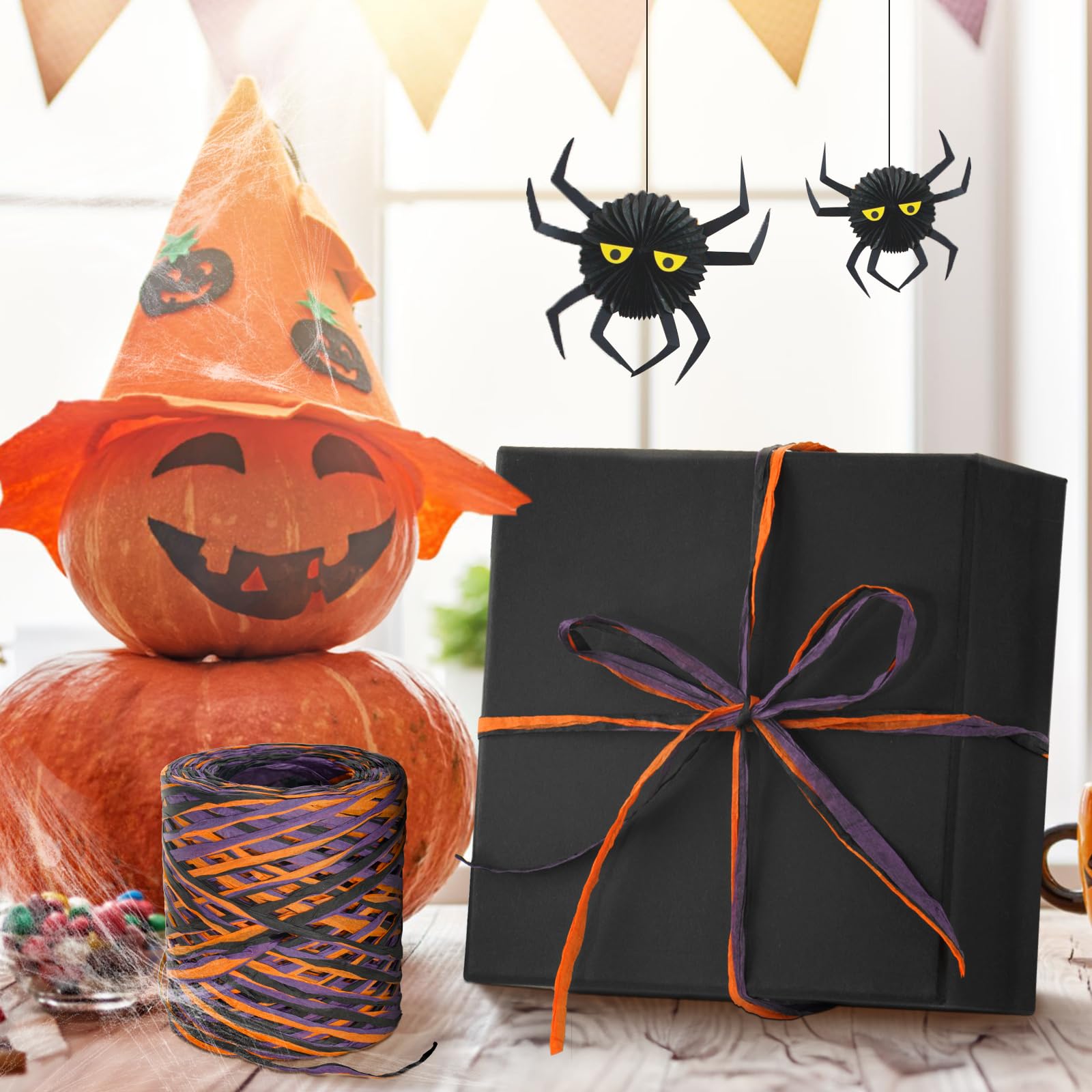 KINGLAKE Halloween Raffia Ribbon 525 Feet Orange Black Purple Raffia Ribbon Colored Raffia Paper Ribbon Gift Wrapping Raffia Ribbon Packing Paper Craft Ribbon for Crafts Gift Wrapping Halloween Decor - Image 5