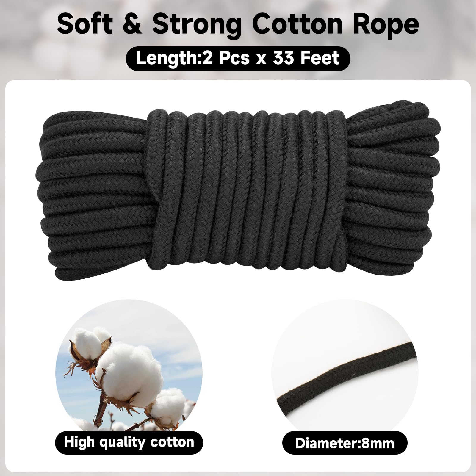 KINGLAKE Soft Cotton Rope 8MM Thick Black Cotton Rope 2 Pack 33 Ft/10M Cotton Cord for Wall Hanging, Plant Hanging, Hanging Clothes, Crafts and Home Decoration - Image 4